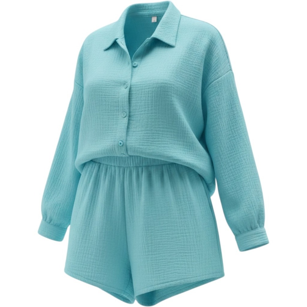Vitamin A Gauze Shirt Shorts Set Womens XL Turquoise Blue 2 Piece Cotton Beach